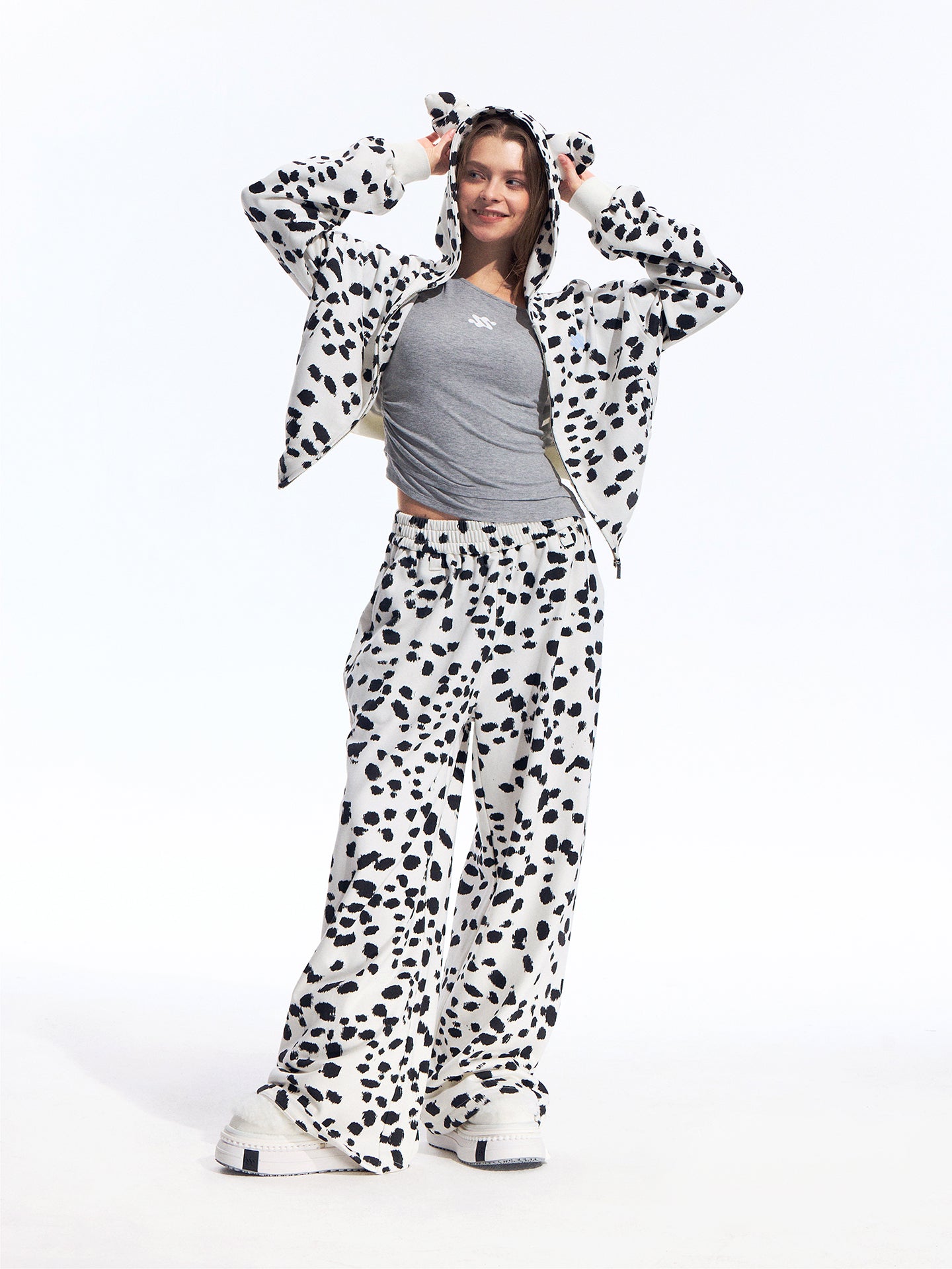 Black White Dalmatian Print Hooded Zip Up Sweatshirt Jacket with 3D Ear Detail, Unisex