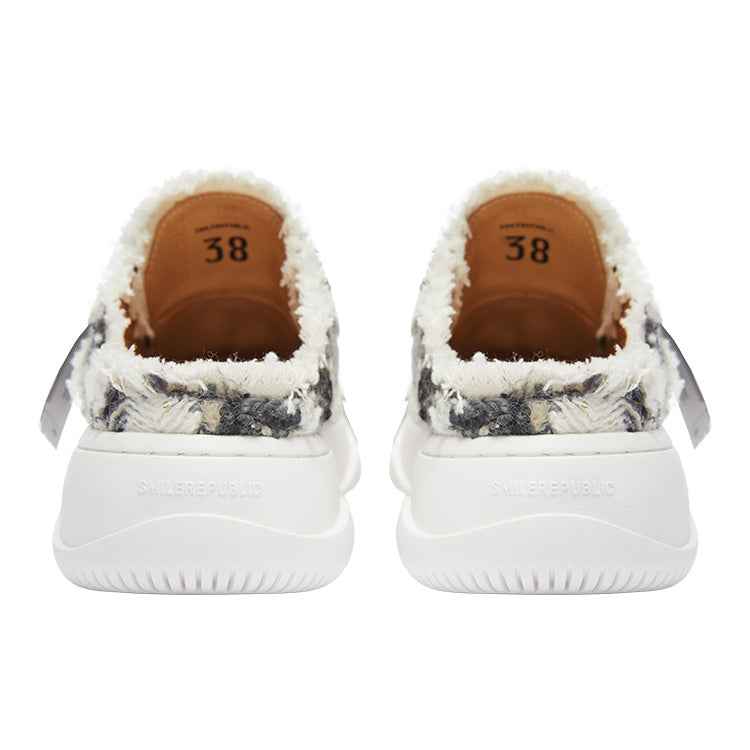 Black White Frayed Herringbone Platform Sneaker Mules, Unisex Backless Lace Up Shoes