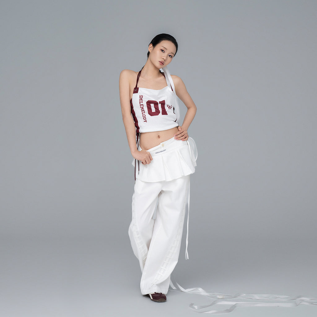White Burgundy Mesh Tank Top with Side Drawstring Detail, Women's Streetwear Top