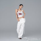 White Burgundy Mesh Tank Top with Side Drawstring Detail, Women's Streetwear Top