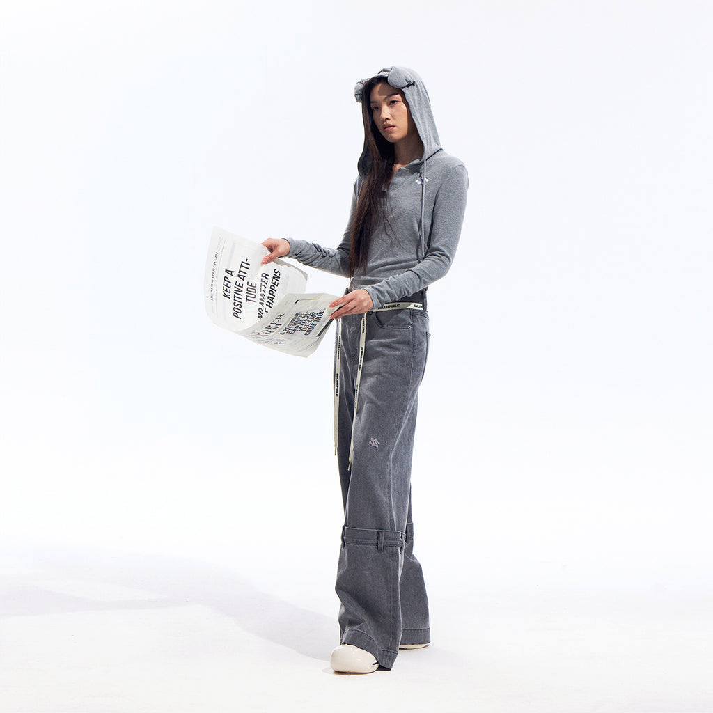 Gray Hooded Sweatshirt with 3D Ear Detail, Viscose Blend Pullover Hoodie for Women
