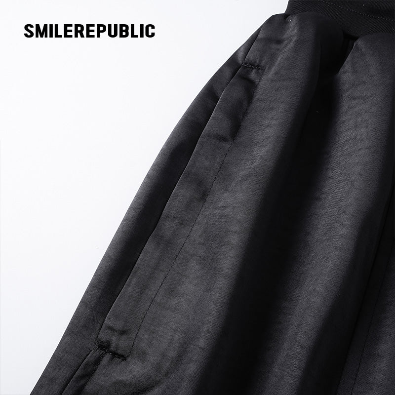 Black Satin Polyester Wide Leg Drawstring Pants with Elastic Waist and Logo Detail