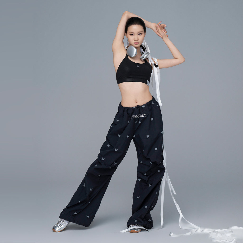 Black 100% Nylon Allover Butterfly Print Wide-Leg Parachute Pants with Drawstring Waist for Women