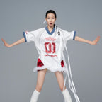 White Polyester Colorblock V-Neck Number Graphic Jersey Top with Removable Feather Trim for Women