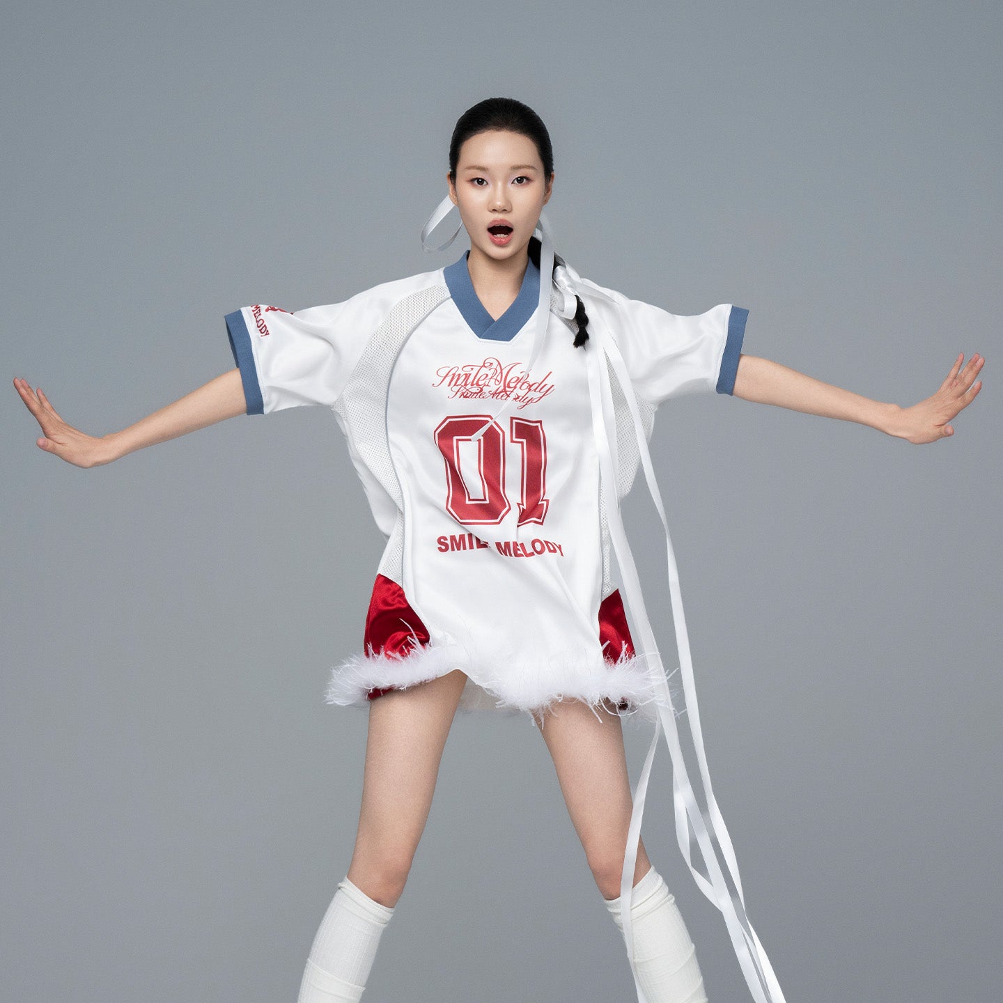 White Polyester Colorblock V-Neck Number Graphic Jersey Top with Removable Feather Trim for Women