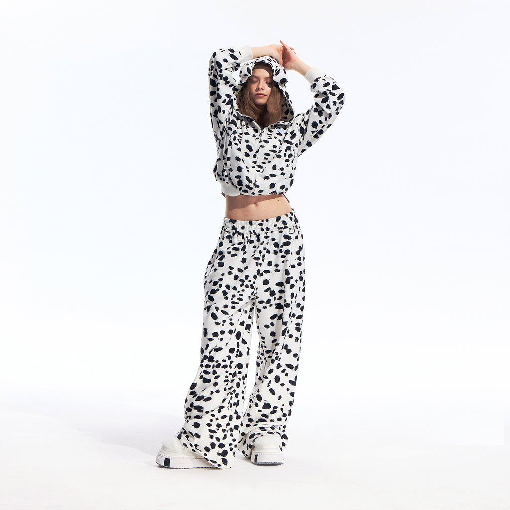 Black White Dalmatian Print Wide Leg Sweatpants Cotton Blend Casual Pants, Unisex