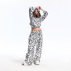Black White Dalmatian Print Wide Leg Sweatpants Cotton Blend Casual Pants, Unisex