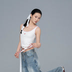 White Ribbed Contrast-Stitch Asymmetric Tie-Hem Tank Top with Butterfly Embroidery
