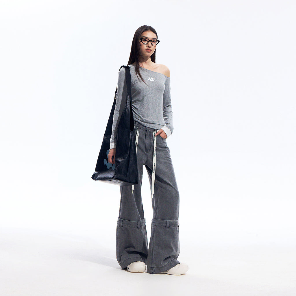 Gray Washed Wide Leg Jeans with Dropped Waist Detail, Cotton Blend Denim Pants for Women