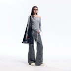 Gray Washed Wide Leg Jeans with Dropped Waist Detail, Cotton Blend Denim Pants for Women