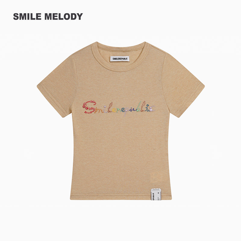 Khaki Regenerated/Gray Regenerated/Blue Regenerated Cellulose Wool Blend Faux Pearl Logo Cropped T-Shirt for Women