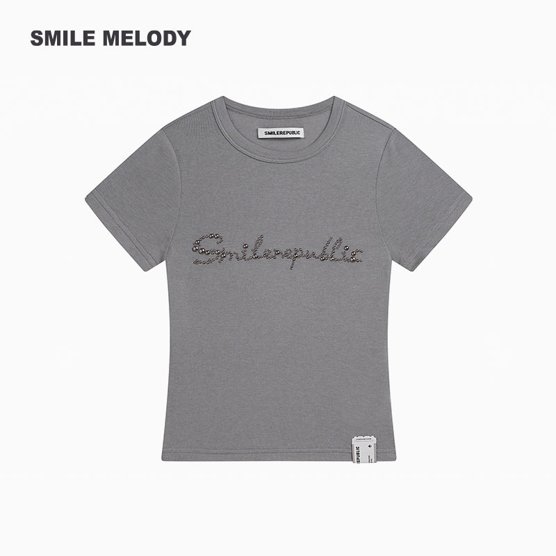 Khaki Regenerated/Gray Regenerated/Blue Regenerated Cellulose Wool Blend Faux Pearl Logo Cropped T-Shirt for Women