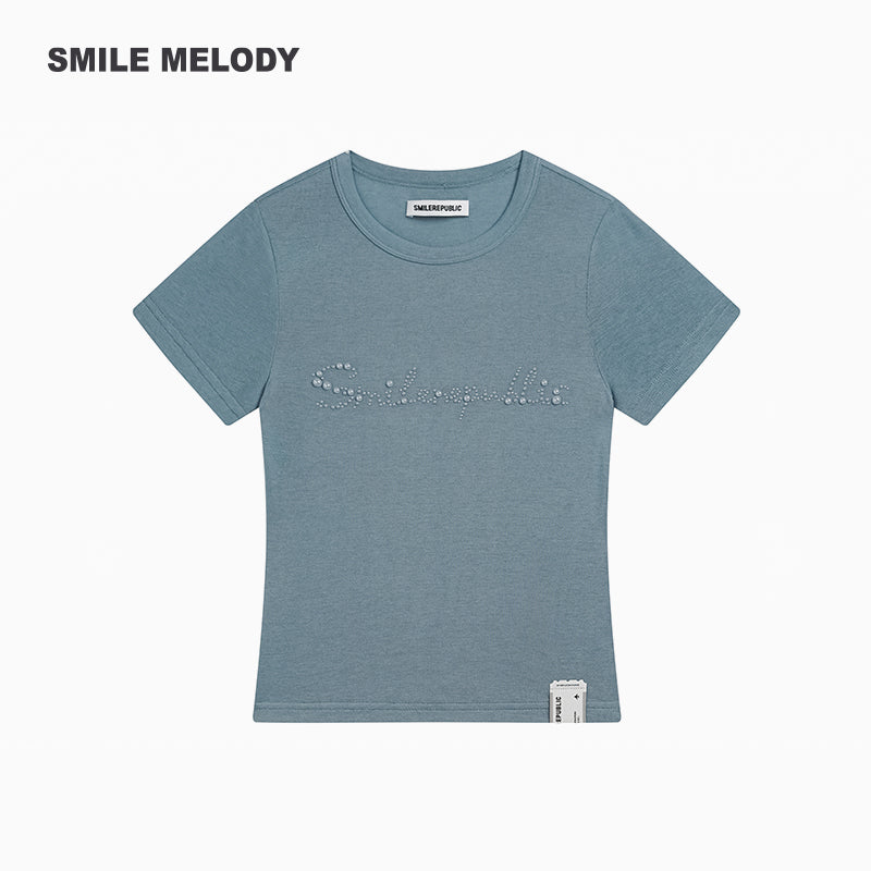 Khaki Regenerated/Gray Regenerated/Blue Regenerated Cellulose Wool Blend Faux Pearl Logo Cropped T-Shirt for Women