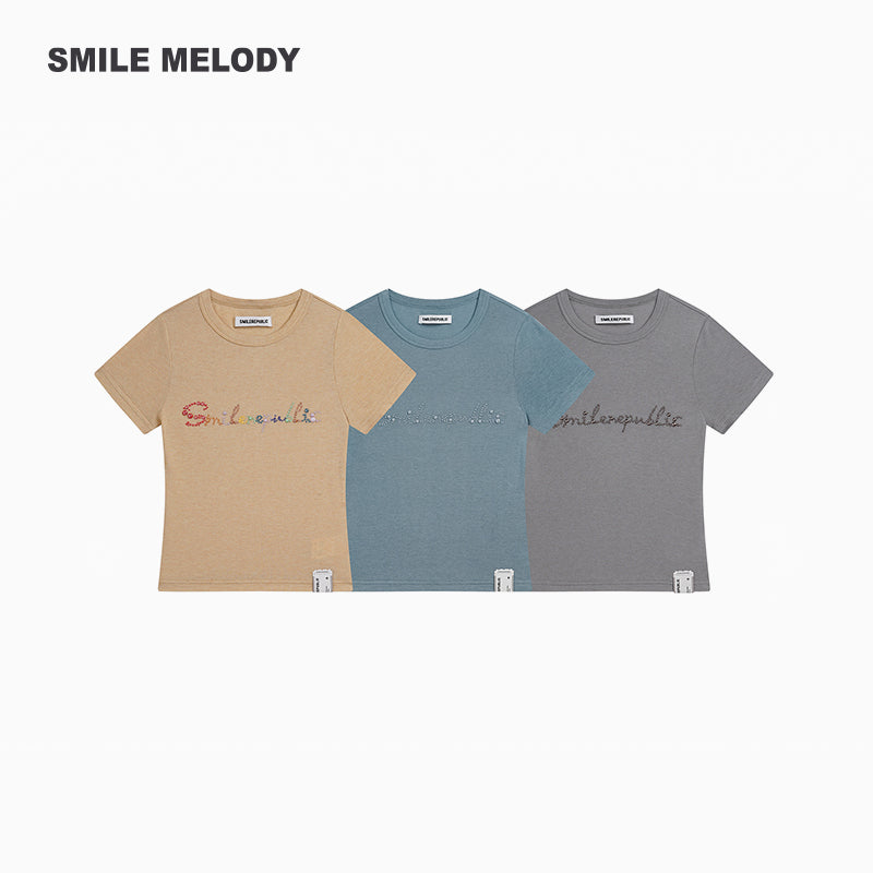 Khaki Regenerated/Gray Regenerated/Blue Regenerated Cellulose Wool Blend Faux Pearl Logo Cropped T-Shirt for Women