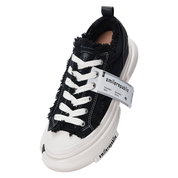 Black 70s Frayed Canvas Platform Sneakers, Unisex Low Top Lace Up Shoes