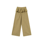 Yellow and Black Plaid 100% Cotton Wide-Leg Pants with Removable Pleated Skirt Overlay for Women