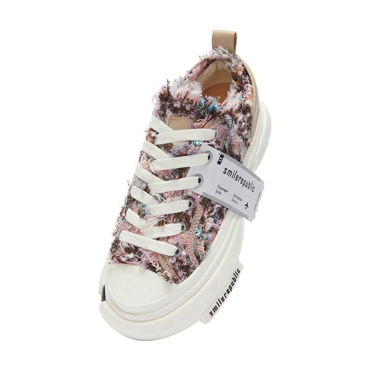 Multicolor Frayed Tweed Platform Sneakers, Unisex Low Top Lace Up Shoes