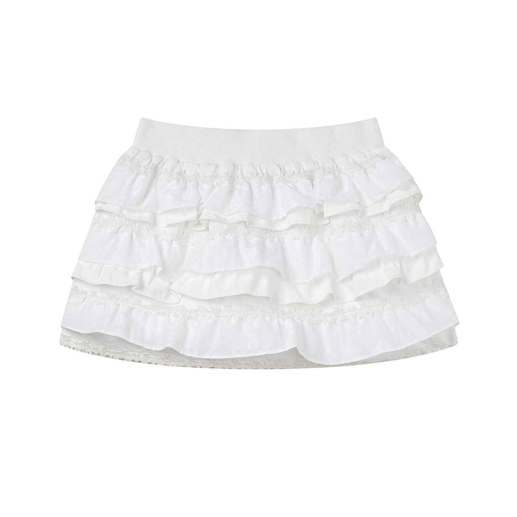White Lace-Trim Tiered Ruffle Mini Skirt with Ribbed Elastic Waistband for Women