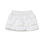 White Lace-Trim Tiered Ruffle Mini Skirt with Ribbed Elastic Waistband for Women