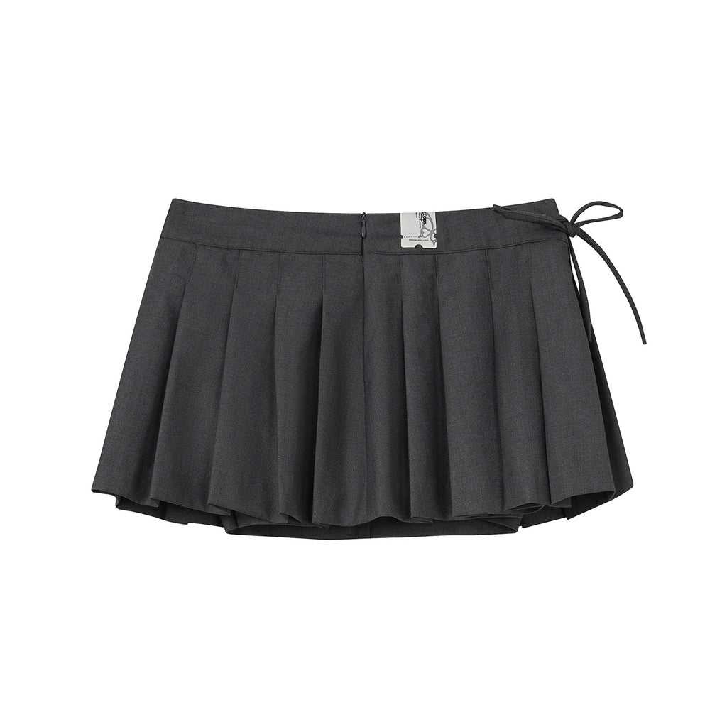 Gray Polyester Viscose Blend Pleated Mini Skirt with Side Tie and Logo Detail for Women