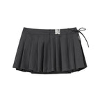 Gray Polyester Viscose Blend Pleated Mini Skirt with Side Tie and Logo Detail for Women
