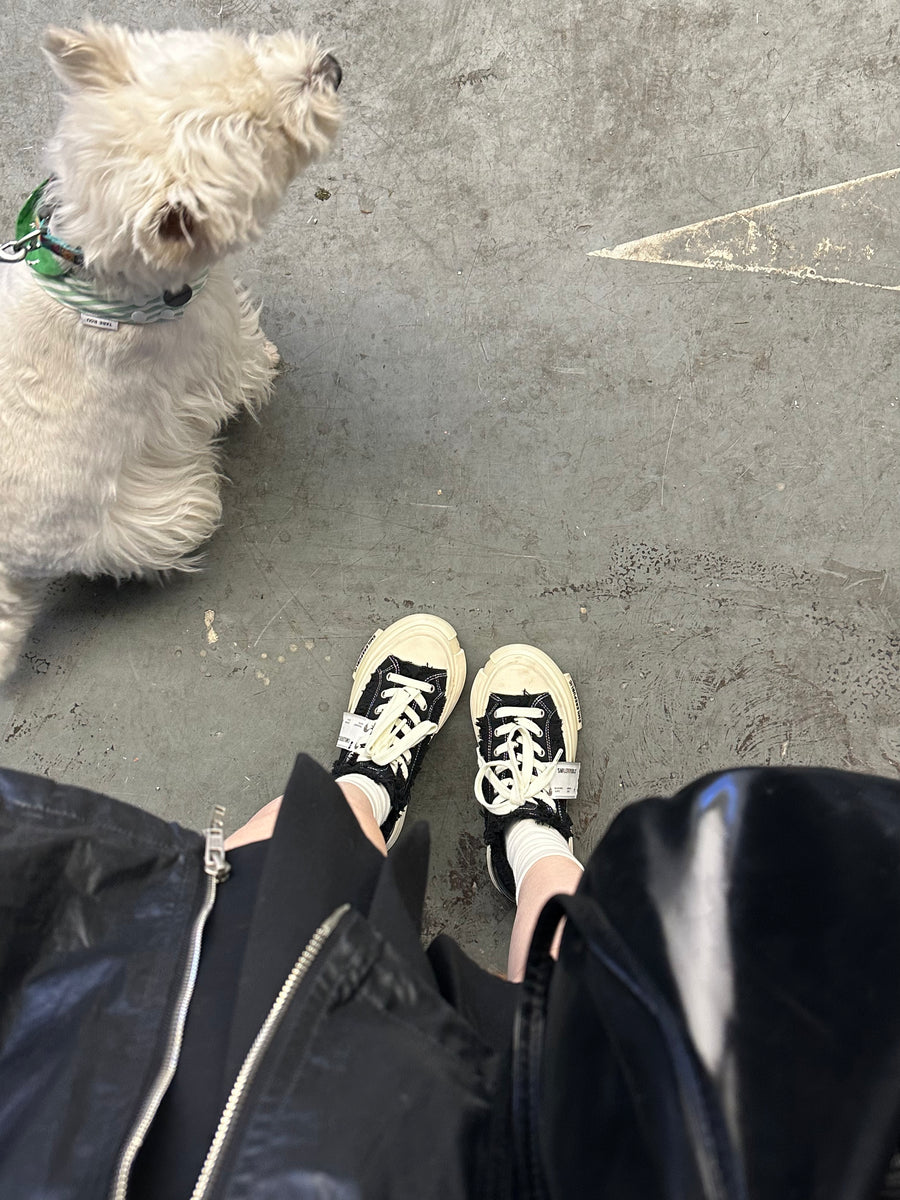 Black Frayed Canvas Chunky Platform Sneakers, Unisex Low Top Lace-Up Casual Streetwear Shoes 详情图 8