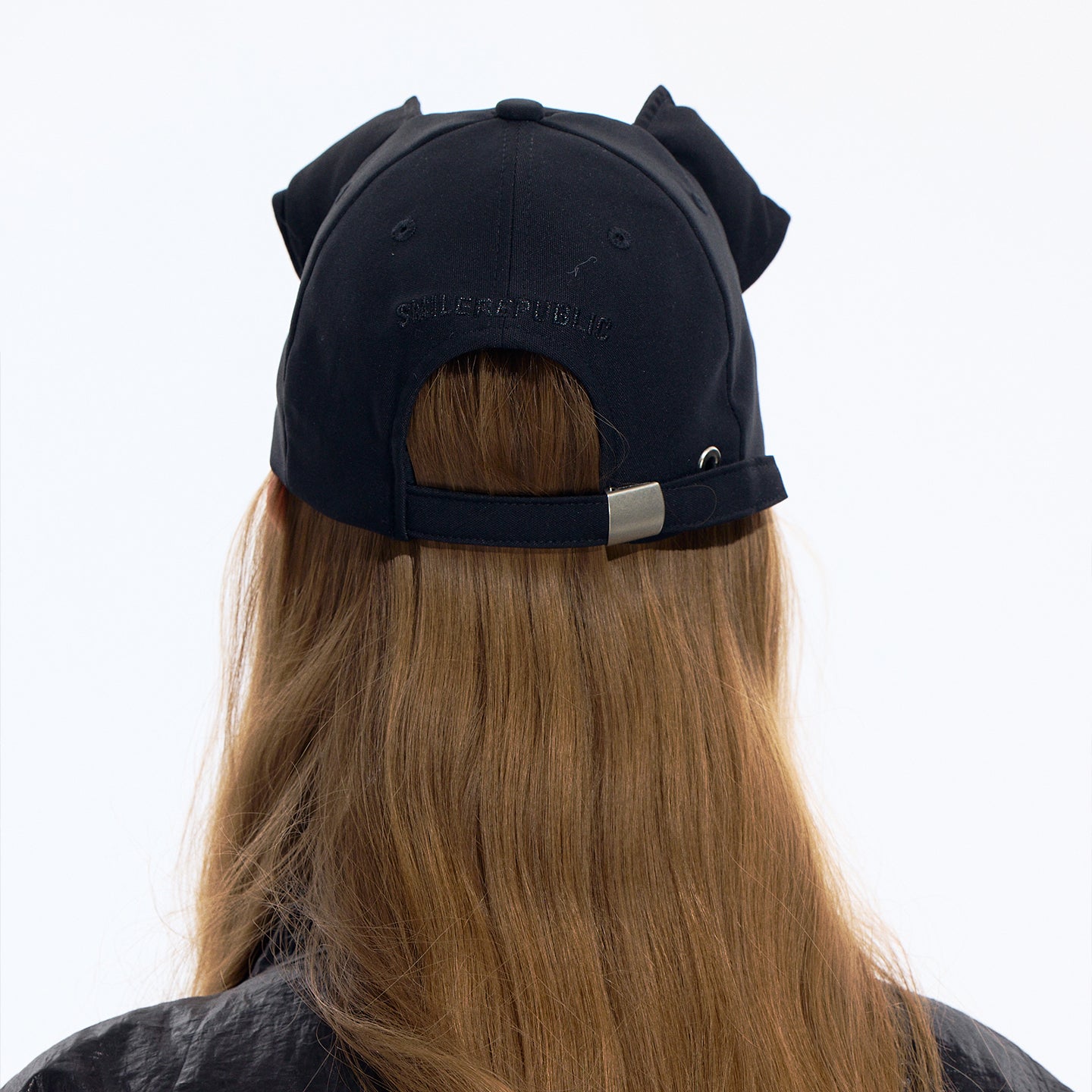 Black 3D Ear Detail Baseball Cap with Pearl Charm and Adjustable Strap