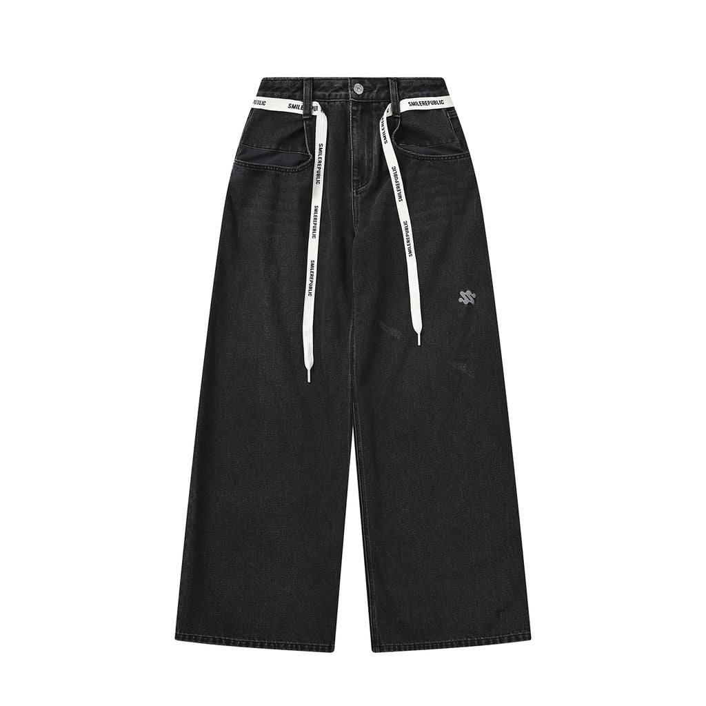 Black Washed Wide Leg Jeans with Adjustable Waist Straps and Relaxed Fit Design