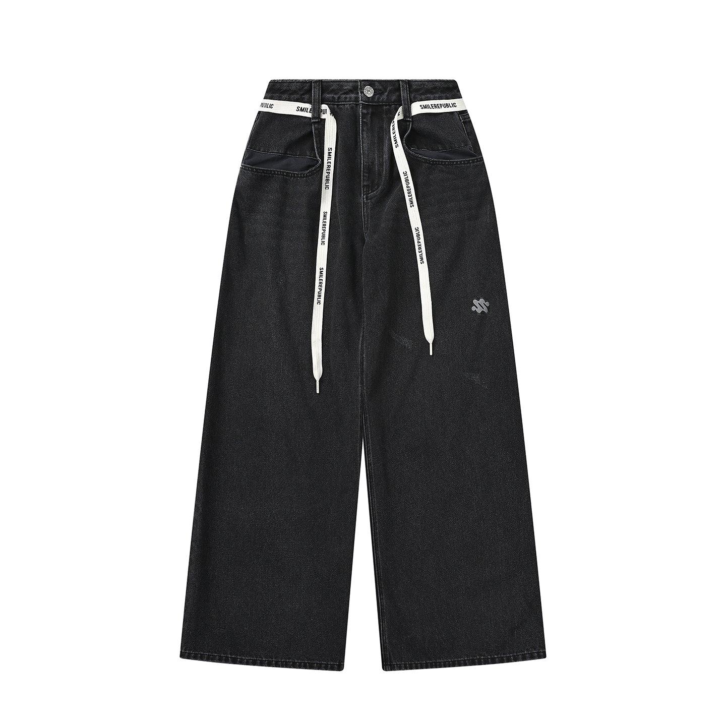 Black Washed Wide Leg Jeans with Adjustable Waist Straps and Relaxed Fit Design