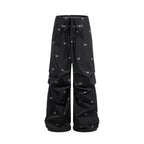 Black 100% Nylon Allover Butterfly Print Wide-Leg Parachute Pants with Drawstring Waist for Women
