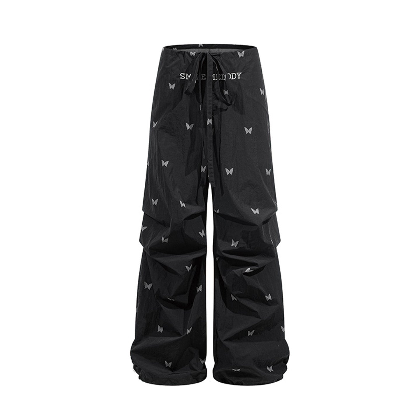 Black 100% Nylon Allover Butterfly Print Wide-Leg Parachute Pants with Drawstring Waist for Women
