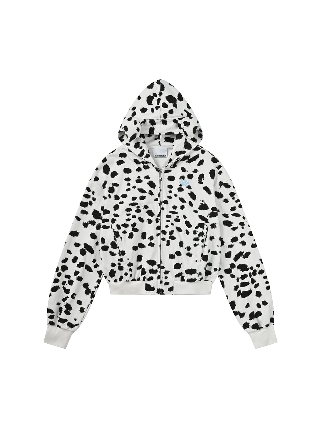 Black White Dalmatian Print Hooded Zip Up Sweatshirt Jacket with 3D Ear Detail, Unisex