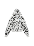 Black White Dalmatian Print Hooded Zip Up Sweatshirt Jacket with 3D Ear Detail, Unisex