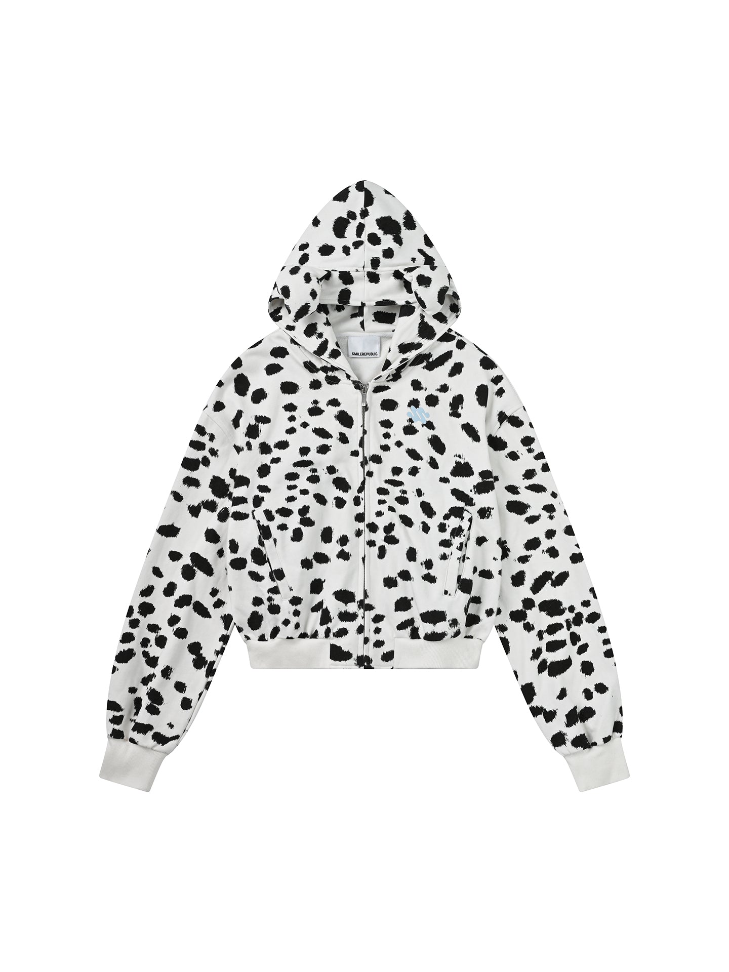 Black White Dalmatian Print Hooded Zip Up Sweatshirt Jacket with 3D Ear Detail, Unisex