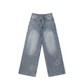 Blue Washed Cotton Denim Butterfly Graphic Wide-Leg Jeans with Asymmetric Waistband for Women