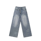 Blue Washed Cotton Denim Butterfly Graphic Wide-Leg Jeans with Asymmetric Waistband for Women