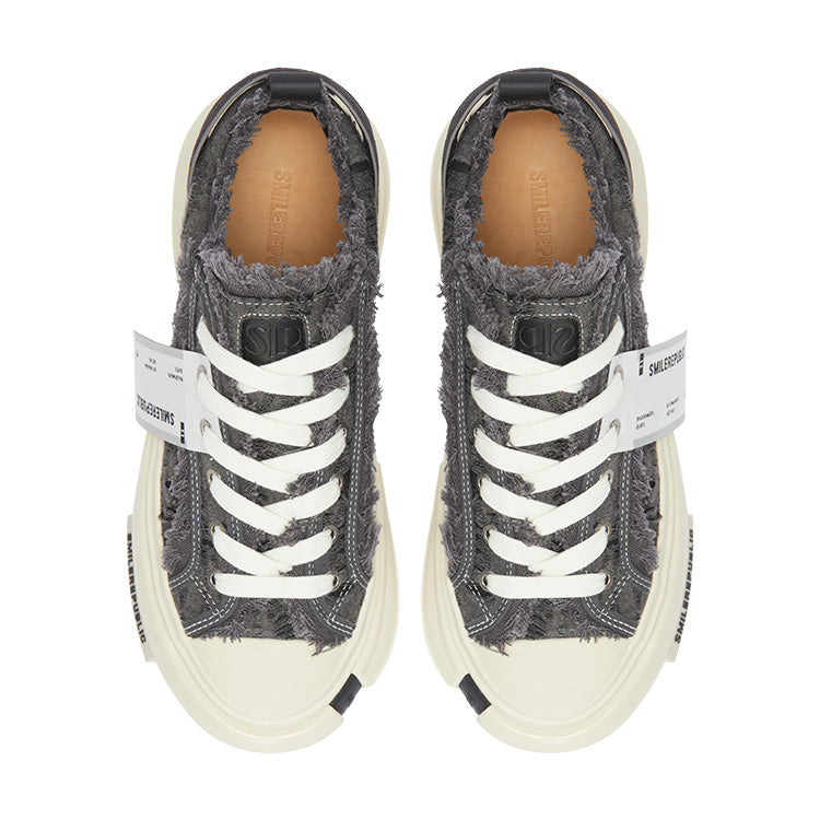 Grey Frayed Canvas Platform Sneakers, Unisex Low Top Lace Up Shoes