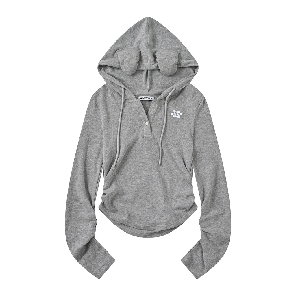 Gray Hooded Sweatshirt with 3D Ear Detail, Viscose Blend Pullover Hoodie for Women