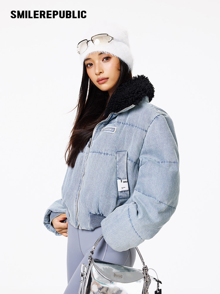 Light Blue Denim Cropped Puffer Jacket with 90% White Duck Down Fill and Plush Stand Collar