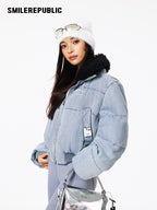 Light Blue Denim Cropped Puffer Jacket with 90% White Duck Down Fill and Plush Stand Collar
