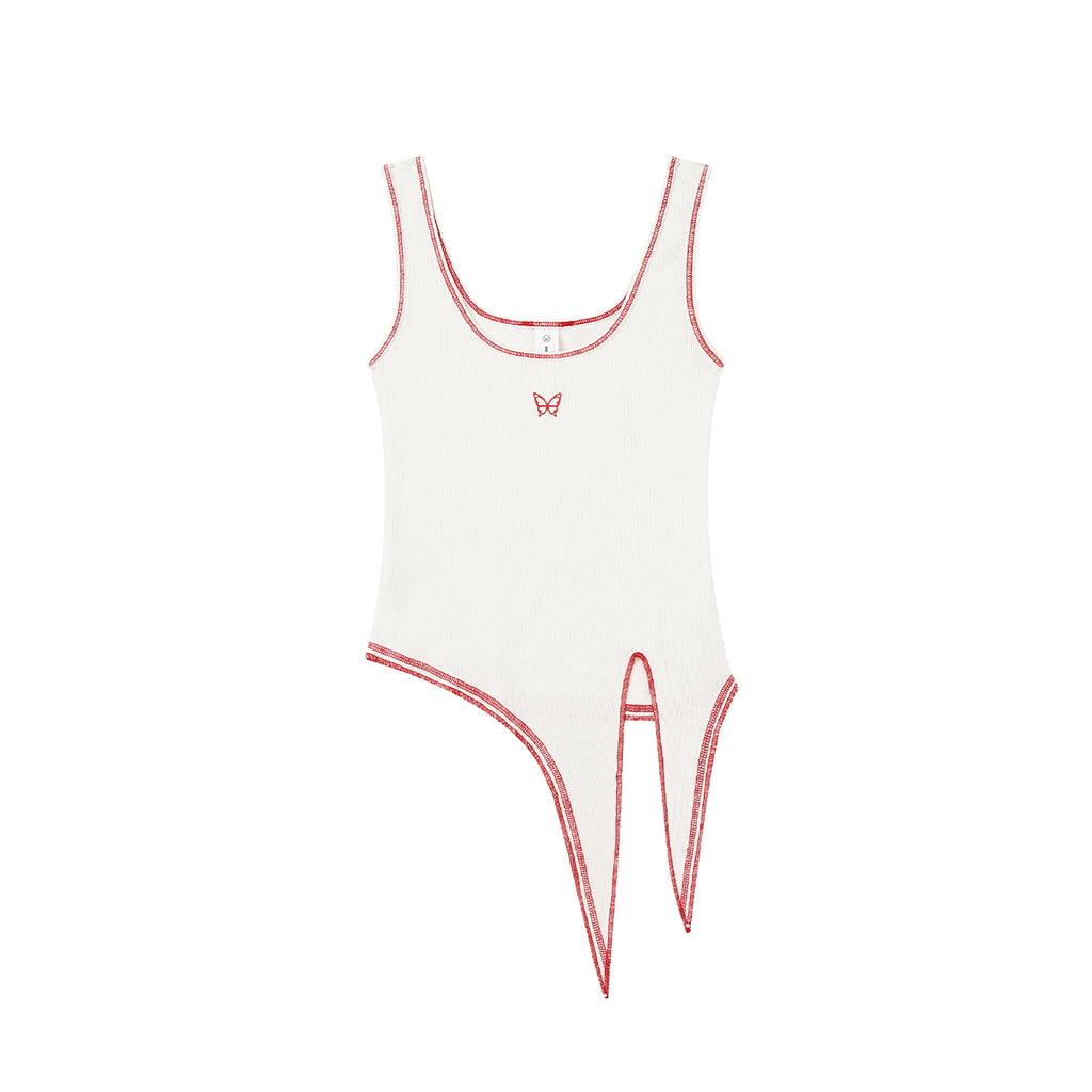 White Ribbed Contrast-Stitch Asymmetric Tie-Hem Tank Top with Butterfly Embroidery