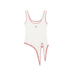 White Ribbed Contrast-Stitch Asymmetric Tie-Hem Tank Top with Butterfly Embroidery