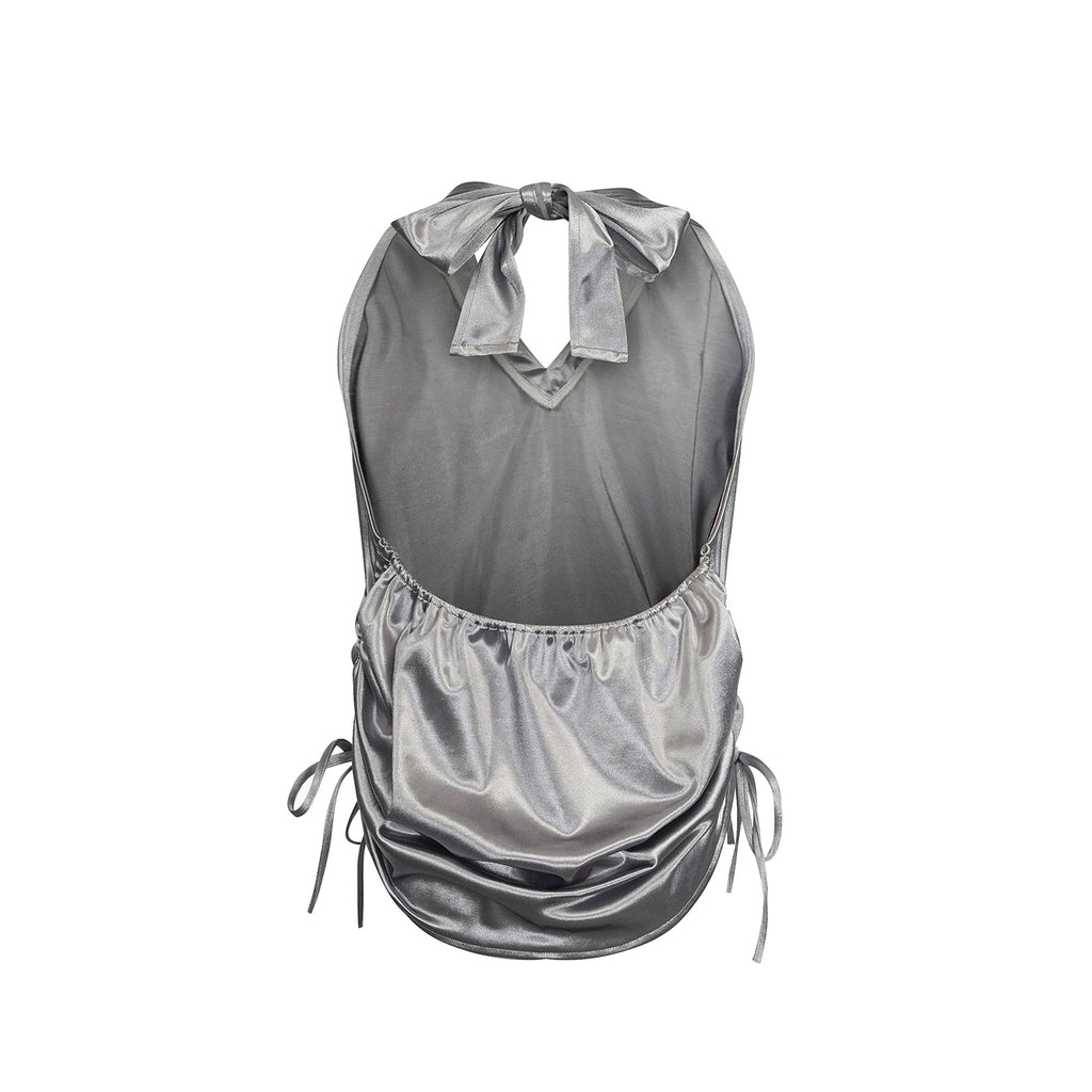 Gray Polyester Blend Sporty Graphic Halter Tank Top with Open Back and Side Drawstrings for Women - view 6