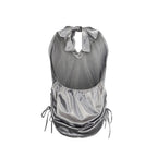 Gray Polyester Blend Sporty Graphic Halter Tank Top with Open Back and Side Drawstrings for Women - view 6