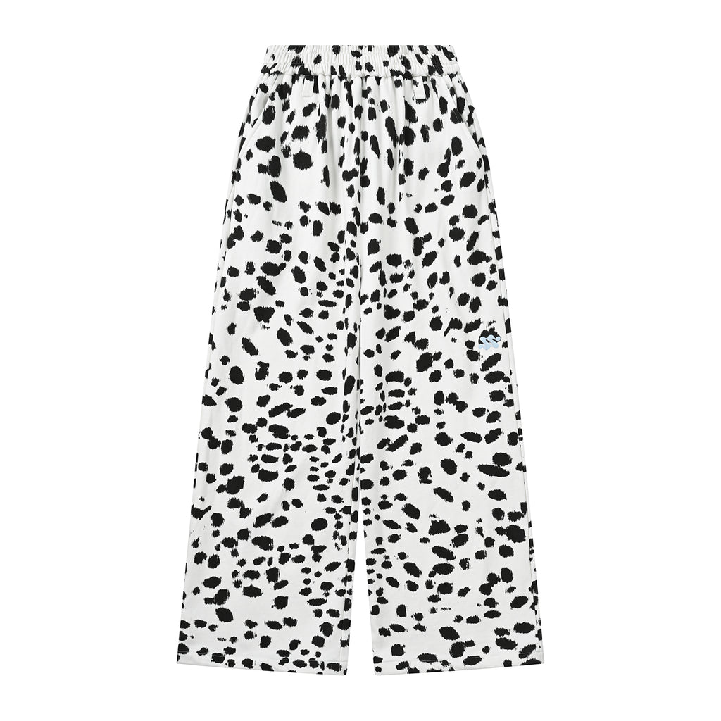 Black White Dalmatian Print Wide Leg Sweatpants Cotton Blend Casual Pants, Unisex