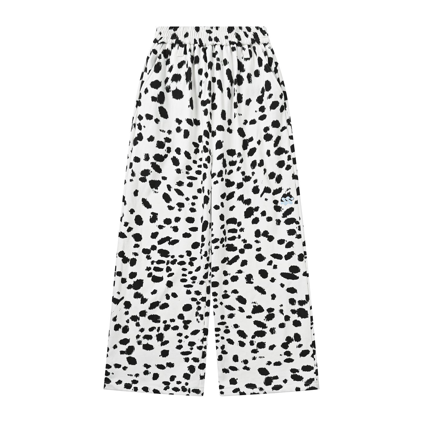 Black White Dalmatian Print Wide Leg Sweatpants Cotton Blend Casual Pants, Unisex