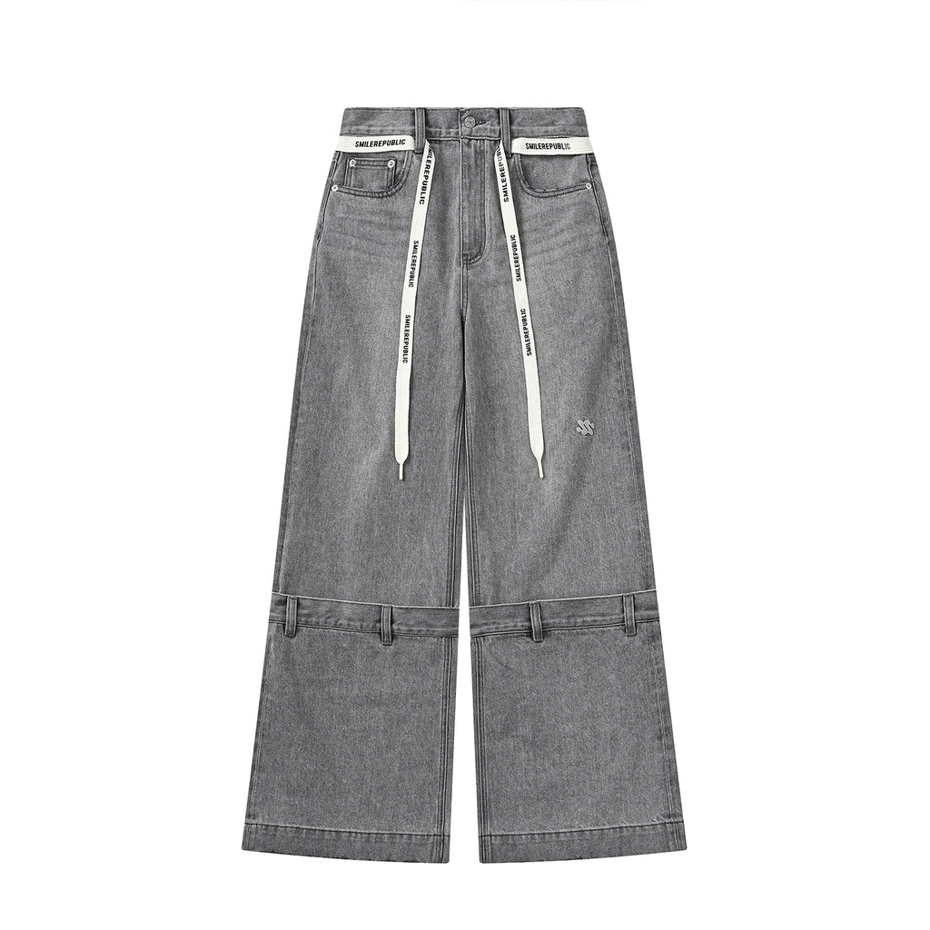 Gray Washed Wide Leg Jeans with Dropped Waist Detail, Cotton Blend Denim Pants for Women