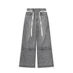 Gray Washed Wide Leg Jeans with Dropped Waist Detail, Cotton Blend Denim Pants for Women