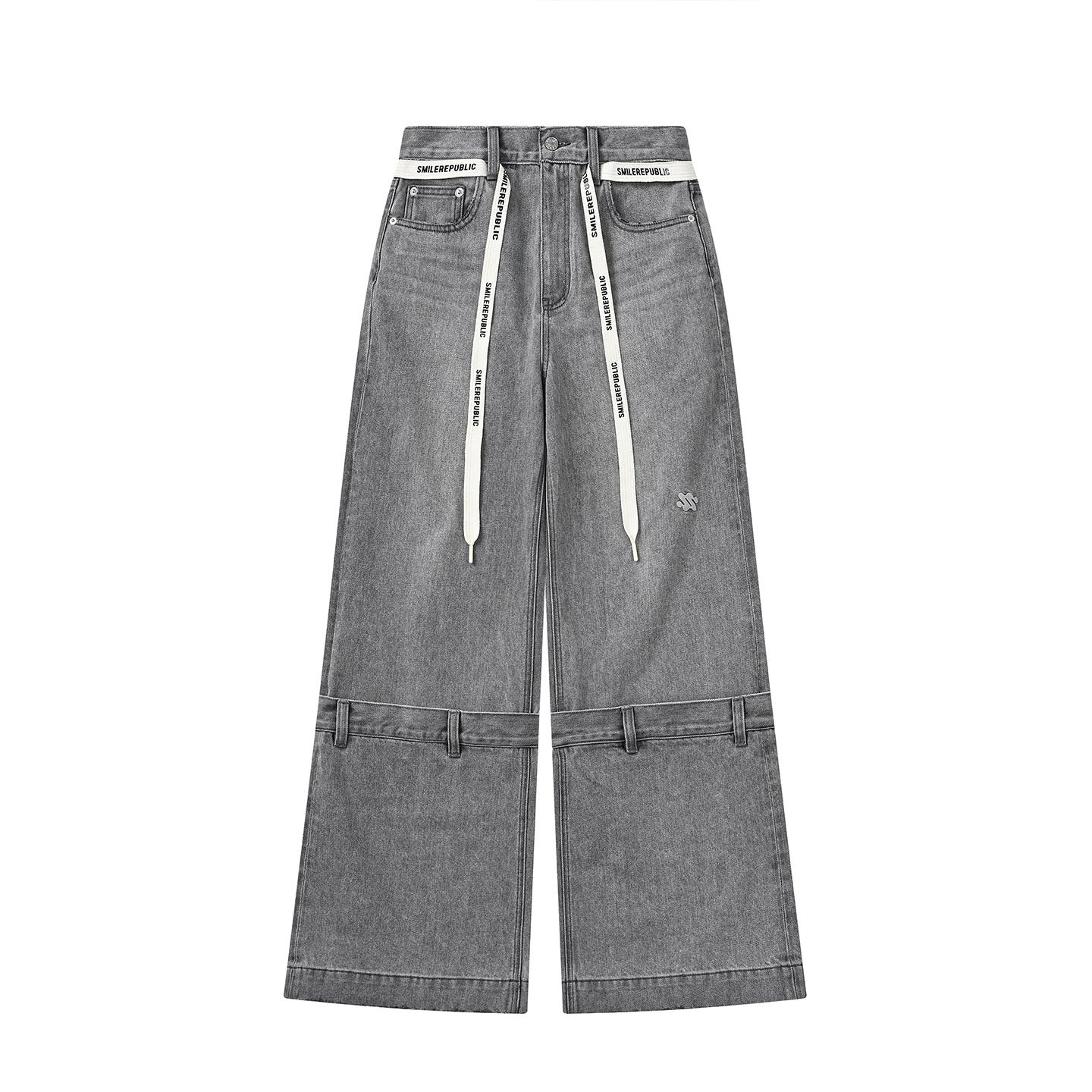 Gray Washed Wide Leg Jeans with Dropped Waist Detail, Cotton Blend Denim Pants for Women