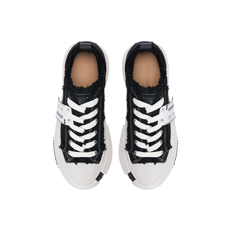Black 70s Frayed Canvas Platform Sneakers, Unisex Low Top Lace Up Shoes